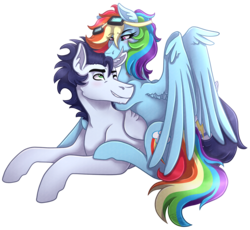 Size: 1785x1641 | Tagged: safe, artist:monnarcha, rainbow dash, soarin', pegasus, pony, g4, female, goggles, hoers, male, mare, multicolored hair, ship:soarindash, shipping, simple background, smiling, stallion, straight, transparent background