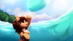 Size: 1800x1000 | Tagged: safe, artist:confetticakez, earth pony, pony, brown mane, crossover, cute, disney, female, looking up, mare, moana, moana waialiki, ponified, smiling, water