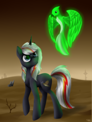 Size: 1500x2000 | Tagged: safe, artist:keisaa, oc, oc only, oc:pyrelight, oc:velvet remedy, balefire phoenix, bird, phoenix, pony, unicorn, fallout equestria, cutie mark, duo, fanfic, fanfic art, female, hooves, horn, looking back, mare, rock, ruins, smiling, solo, wasteland