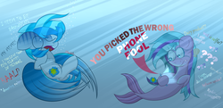 Size: 3500x1700 | Tagged: safe, artist:dannykay4561, oc, oc only, oc:cloud flicker, oc:swirly shells, mermaid, pegasus, pony, asphyxiation, drowning, duo, large wings, phone, underwater, wings