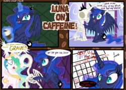 Size: 4823x3445 | Tagged: safe, artist:darkest-lunar-flower, princess celestia, princess luna, alicorn, pony, g4, bloodshot eyes, bone, caffeine, celestia is not amused, coffee, crazy face, crossed horns, drool, eyelashes, eyeshadow, faic, female, horn, horns are touching, insanity, luna found the coffee, makeup, mare, messy mane, missing accessory, run for your lives, skeleton, sleep deprivation, unamused, xk-class end-of-the-world scenario