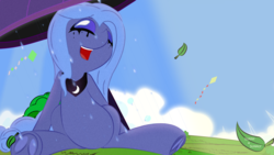 Size: 1920x1080 | Tagged: safe, artist:sunny4sunnly, princess luna, pony, g4, comic style, eyes closed, female, hooves, makeup, open mouth, rain, running makeup, sitting, solo, underhoof