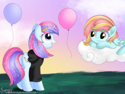 Size: 2000x1500 | Tagged: safe, artist:songbirdserenade, oc, oc only, oc:balloon burst, oc:galaxy glisten, pegasus, pony, unicorn, balloon, clothes, cloud, female, hoodie, mare