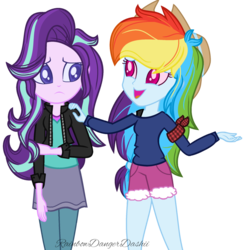 Size: 1024x1051 | Tagged: safe, artist:bezziie, rainbow dash, starlight glimmer, equestria girls, g4, alternate hairstyle, alternate universe, base used, clothes, female, hat, shorts, simple background, skirt, transparent background