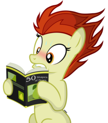 Size: 2800x3200 | Tagged: safe, artist:a4r91n, derpibooru exclusive, oc, oc only, oc:para focului, earth pony, pony, blushing, embarrassed, fifty shades of grey, food, high res, lewd, lip bite, magazine, pear, simple background, solo, sweat, transparent background, vector