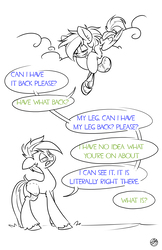 Size: 3901x6025 | Tagged: safe, artist:kez, oc, oc only, oc:graphite sketch, oc:overclock, earth pony, pegasus, pony, amputee, black and white, cloud, comic, dialogue, female, grayscale, leg fluff, lineart, mare, missing limb, monochrome, partial color, prosthetic limb, prosthetics, simple background, speech bubble, stump, tumblr, unshorn fetlocks, white background