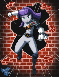 Size: 2306x3000 | Tagged: safe, artist:danmakuman, maud pie, human, equestria girls, g4, action pose, action shot, brick wall, clothes, commission, crossover, dino charge, female, graphite ranger, high res, kyoryu gray, kyoryuger, looking at you, power rangers, power rangers dino charge, punch, saban, signature, solo, speed lines, super sentai, zyuden sentai kyoryuger