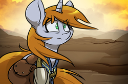 Size: 2269x1500 | Tagged: dead source, safe, artist:kez, oc, oc only, oc:littlepip, pony, unicorn, fallout equestria, clothes, fanfic, fanfic art, female, horn, jumpsuit, mare, saddle bag, solo, vault suit, wasteland