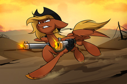 Size: 2269x1500 | Tagged: safe, artist:kez, oc, oc only, oc:calamity, pegasus, pony, fallout equestria, battle saddle, dashite, fanfic, fanfic art, firing, floppy ears, gun, hat, hooves, male, rifle, running, shooting, solo, spread wings, stallion, teeth, wasteland, weapon, wings