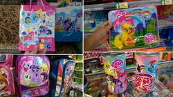 Size: 5692x3201 | Tagged: safe, applejack, fluttershy, pinkie pie, rainbow dash, rarity, twilight sparkle, alicorn, pony, g4, backpack, bag, big crown thingy, indonesia, irl, jewelry, merchandise, my little pony logo, open mouth, photo, regalia, smiling, spread wings, stock vector, twilight sparkle (alicorn), wings