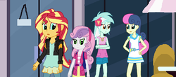 Size: 1600x706 | Tagged: safe, artist:thomaszoey3000, bon bon, lyra heartstrings, sunset shimmer, sweetie belle, sweetie drops, equestria girls, g4