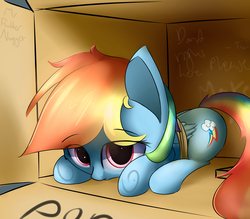 Size: 3200x2800 | Tagged: safe, artist:a8f12, rainbow dash, pegasus, pony, g4, box, cute, dashabetes, female, filly, filly rainbow dash, high res, injured wing, pony in a box, prone, solo, tiny ponies, younger