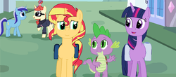 Size: 1600x706 | Tagged: artist needed, safe, artist:thomaszoey3000, minuette, moondancer, spike, sunset shimmer, twilight sparkle, dragon, pony, unicorn, g4, bag, female, male, saddle bag, ship:sunsetspike, ship:sunsetspikelight, ship:twispike, shipping, straight