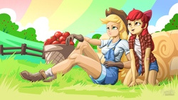 Size: 1920x1080 | Tagged: safe, artist:mysticalpha, apple bloom, applejack, human, g4, apple, basket, bushel basket, female, food, humanized, overalls, sisters