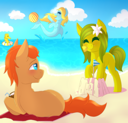 Size: 2080x2000 | Tagged: safe, artist:adostume, oc, oc only, oc:bubble, oc:ember, oc:flora, fire pony, merpony, plant pony, pony, seahorse, aqua pony, beach, beach ball, high res, sandcastle, water