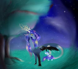 Size: 3096x2736 | Tagged: safe, draconequus, pony, hair, high res, night, space hair, stars, surprised, tree