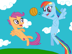 Size: 3648x2736 | Tagged: safe, artist:sb1991, rainbow dash, scootaloo, pony, g4, ball, high res, playing, playing together, request, requested art