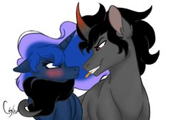 Size: 1024x693 | Tagged: safe, artist:colourstrike, king sombra, princess luna, pony, g4, blushing, male, ship:lumbra, shipping, straight, tail wrap, tongue out, tsundere, tsunderuna