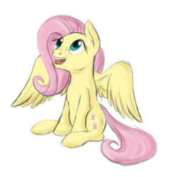 Size: 1544x1584 | Tagged: safe, artist:theshadowstone, fluttershy, pegasus, pony, g4, cute, female, looking up, mare, open mouth, shyabetes, simple background, sitting, smiling, solo, spread wings, white background, wings