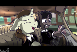 Size: 1280x866 | Tagged: safe, artist:rainihorn, pony, car, car interior, clothes, driving, ear piercing, eyes closed, john travolta, jules winnfield, movie reference, open mouth, piercing, ponified, pulp fiction, samuel l jackson, suit, vehicle, vincent vega