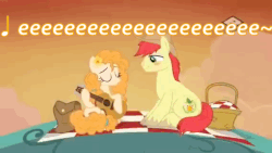 Size: 568x320 | Tagged: safe, bright mac, pear butter, earth pony, pony, g4, the perfect pear, animated, basket, behaving like a bat, blushing, cute, duo, eeee, female, floppy ears, frown, gif, guitar, hoof hold, lidded eyes, male, mare, music notes, open mouth, picnic, picnic basket, ship:brightbutter, shipping, singing, stallion, straight, tilde, unshorn fetlocks, wide eyes