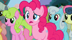 Size: 1280x720 | Tagged: safe, screencap, bon bon, comet tail, daisy, dizzy twister, flower wishes, linky, orange swirl, pinkie pie, royal riff, shoeshine, spring melody, sprinkle medley, sweetie drops, twinkleshine, earth pony, pony, unicorn, g4, the super speedy cider squeezy 6000, animation error, confused, raised hoof