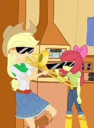 Size: 1513x2054 | Tagged: safe, artist:haleyc4629, apple bloom, applejack, equestria girls, g4, apple bloom's bow, bow, colored sketch, digital art, duo, female, hair bow, kitchen, meme, musical instrument, parody, sisters, sunglasses, trombone, vine video, when granny smith ain't home, when mama isn't home