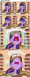 Size: 3300x8403 | Tagged: safe, artist:perfectblue97, twilight sparkle, earth pony, pony, comic:without magic, g4, blank flank, book, bookshelf, bread, butter, comic, crying, earth pony twilight, flower, food, golden oaks library, knife, ocular gushers, plate, poster, table