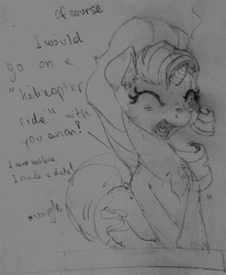 Size: 968x1174 | Tagged: safe, artist:jericoanon, starlight glimmer, human, pony, unicorn, g4, blushing, chest fluff, dialogue, eyes closed, female, grayscale, happy, implied anon, implied helicopter ride, monochrome, solo, traditional art, wiggle