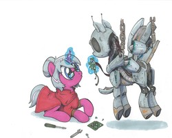 Size: 3000x2400 | Tagged: safe, artist:brisineo, oc, oc only, oc:pes-e, oc:steel cherry, pony, robot, robot pony, unicorn, fallout equestria, circuit board, clothes, duo, female, glasses, high res, magic, mare, robe, traditional art, wires