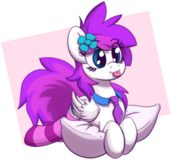 Size: 2500x2373 | Tagged: safe, artist:sharemyshipment, oc, oc only, oc:lavanda, pony, clothes, flower, flower in hair, high res, pillow, socks, solo, striped socks, tongue out
