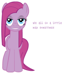 Size: 1137x1378 | Tagged: safe, artist:j5a4, pinkie pie, comic:party of one, g4, creepypasta, female, grin, lidded eyes, looking at you, pinkamena diane pie, simple background, smiling, solo, text, transparent background, vector