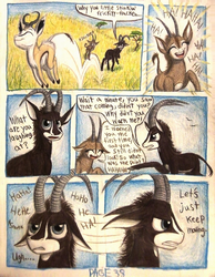 Size: 1072x1384 | Tagged: safe, artist:thefriendlyelephant, oc, oc only, oc:sabe, oc:uganda, antelope, giant sable antelope, springbok, comic:sable story, acacia tree, africa, animal in mlp form, annoyed, comic, grass, horns, laughing, pronking, savanna, speech bubble, traditional art
