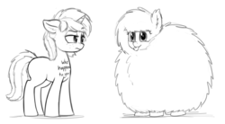 Size: 4000x2212 | Tagged: safe, artist:zippysqrl, oc, oc only, oc:fluffle puff, oc:sign, earth pony, pony, unicorn, ask sign, :p, body writing, female, fluffy, freckles, grayscale, lidded eyes, monochrome, raised eyebrow, simple background, sketch, tongue out, white background