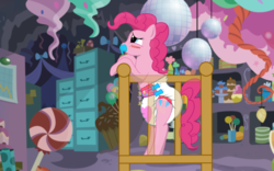 Size: 1920x1200 | Tagged: safe, artist:diaperand, pinkie pie, earth pony, pony, g4, crib, diaper, female, non-baby in diaper, pacifier, party cave, poofy diaper, solo