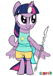 Size: 2548x3676 | Tagged: safe, artist:enzomersimpsons, twilight sparkle, alicorn, pony, g4, bipedal, clothes, cosplay, costume, crossover, female, gem, high res, mare, pearl, pearl (steven universe), ribbon, shorts, solo, spear, steven universe, tunic, twilight sparkle (alicorn), weapon