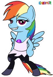 Size: 2548x3676 | Tagged: safe, artist:enzomersimpsons, rainbow dash, pegasus, pony, g4, amethyst, amethyst (steven universe), ankle boots, bipedal, clothes, cosplay, costume, crossover, female, gem, high res, leggings, mare, quartz, solo, steven universe, tank top