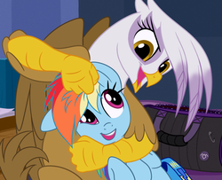 Size: 1091x888 | Tagged: safe, artist:sorcerushorserus, gilda, rainbow dash, griffon, pony, comic:dash academy, g4, cute, duffle bag, noogie, saddle bag