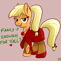 Size: 1500x1500 | Tagged: safe, artist:yakoshi, applejack, earth pony, pony, g4, blushing, clothes, female, fishnet stockings, lipstick, solo, underhoof