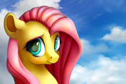 Size: 1500x1000 | Tagged: dead source, safe, artist:vird-gi, fluttershy, pony, g4, bust, cloud, cute, female, looking at you, looking sideways, mare, portrait, shyabetes, solo