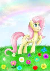 Size: 1000x1414 | Tagged: safe, artist:mirageheartbreak, fluttershy, pony, g4, female, flower, folded wings, grass, looking away, looking up, missing cutie mark, open mouth, raised hoof, solo, standing