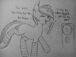 Size: 2560x1920 | Tagged: safe, artist:subimaru_kai, oc, oc only, oc:snowy, pony, blank flank, brush, clothes, colt, foal, hairbrush, male, mindless self indulgence, monochrome, music, singing, socks, solo, speaker, stockings, striped socks, thigh highs, traditional art