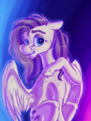 Size: 600x800 | Tagged: safe, artist:sandutita, fluttershy, pony, g4, female, floppy ears, gritted teeth, hoof on chest, lidded eyes, looking at you, looking sideways, sitting, solo, spread wings, turned head, wings