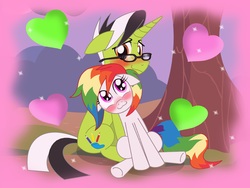 Size: 4000x3000 | Tagged: safe, artist:enzomersimpsons, oc, oc only, oc:pencil borrows, oc:skittles, pony, blushing, couple, cute, floppy ears, glasses, heart, love, rainbow hair, rainbow tail, romance, shipping, tree