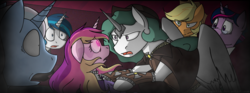 Size: 1940x724 | Tagged: safe, artist:stuflox, part of a set, applejack, princess cadance, princess celestia, shining armor, trixie, twilight sparkle, alicorn, pony, g4, clothes, crossover, dark magic, dracula, dress, female, looking at each other, magic, male, mare, musical, open mouth, part of a series, sombra eyes, twilight sparkle (alicorn)