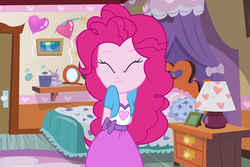 Size: 6000x4000 | Tagged: safe, artist:pixelkitties, artist:spottedlions, pinkie pie, equestria girls, g4, absurd resolution, bed, bedroom, clothes, cute, diapinkes, eyes closed, female, hands behind back, moe, show accurate, skirt, solo