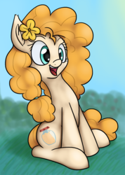 Size: 973x1368 | Tagged: safe, artist:variant, derpibooru exclusive, pear butter, earth pony, pony, g4, the perfect pear, cute, female, open mouth, pearabetes, sitting, smiling, solo