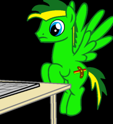 Size: 503x554 | Tagged: safe, artist:didgereethebrony, oc, oc only, oc:didgeree, pegasus, pony, black background, computer, flying, laptop computer, male, needs more saturation, pixelated, simple background, solo, stallion, table, wings