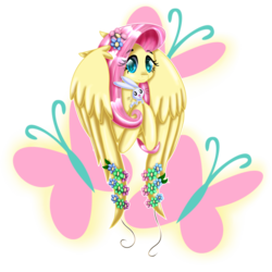 Size: 2000x2000 | Tagged: safe, artist:sonicsonic1, angel bunny, fluttershy, pony, g4, bust, cutie mark background, duo, floppy ears, flower, flower in hair, high res, hoof hold, looking at you, portrait, wings
