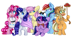 Size: 2161x1125 | Tagged: safe, artist:sonica98, applejack, fluttershy, pinkie pie, rainbow dash, rarity, twilight sparkle, semi-anthro, g4, apple, bipedal, book, clothes, dress, food, lasso, mane six, rope, simple background, sitting, sunglasses, tongue out, transparent background